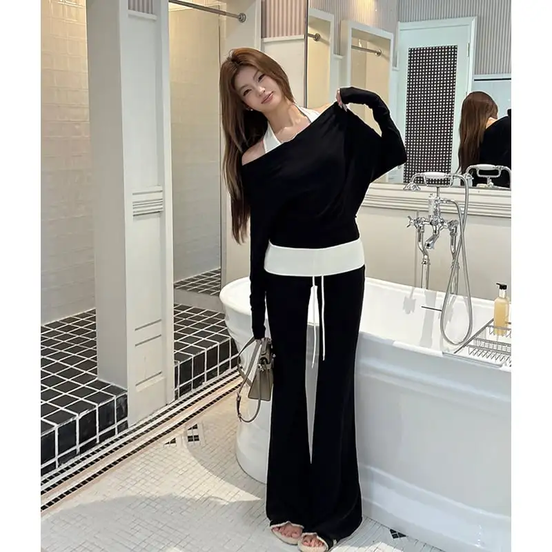 セットアップ トップス+カジュアルパンツ ロング丈 マイクロベルボトム ブラック