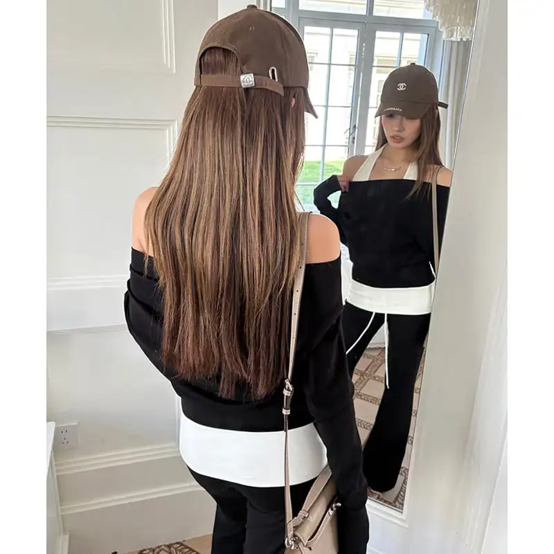 セットアップ トップス+カジュアルパンツ ロング丈 マイクロベルボトム ブラック