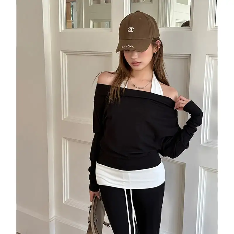 セットアップ トップス+カジュアルパンツ ロング丈 マイクロベルボトム ブラック