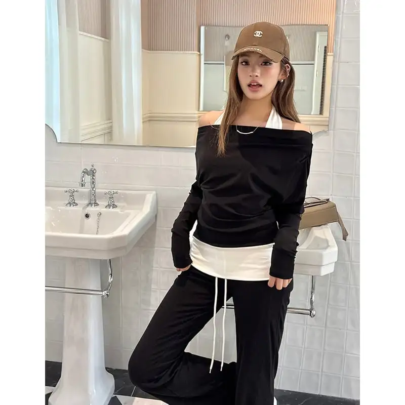 セットアップ トップス+カジュアルパンツ ロング丈 マイクロベルボトム ブラック