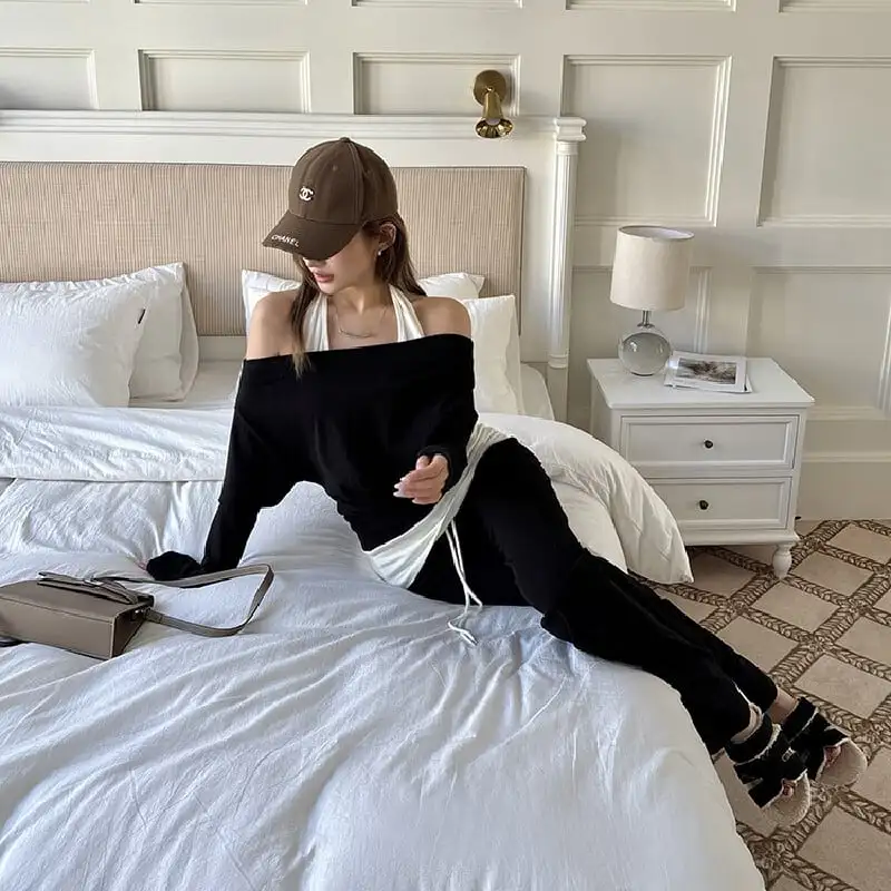 セットアップ トップス+カジュアルパンツ ロング丈 マイクロベルボトム ブラック