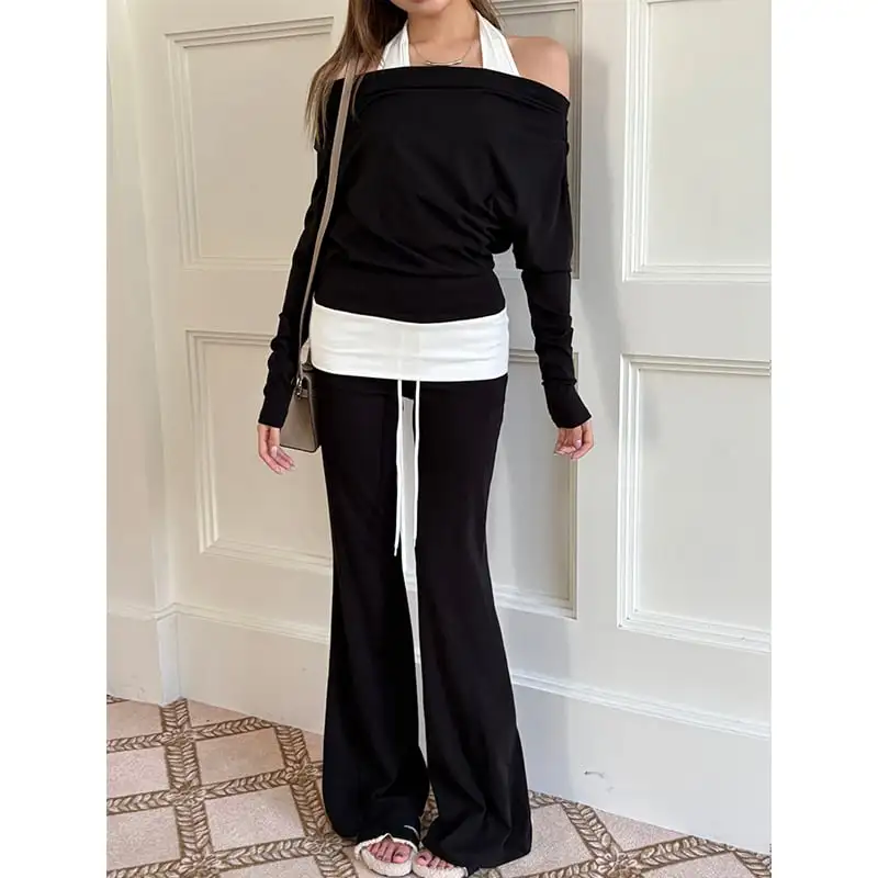 セットアップ トップス+カジュアルパンツ ロング丈 マイクロベルボトム ブラック