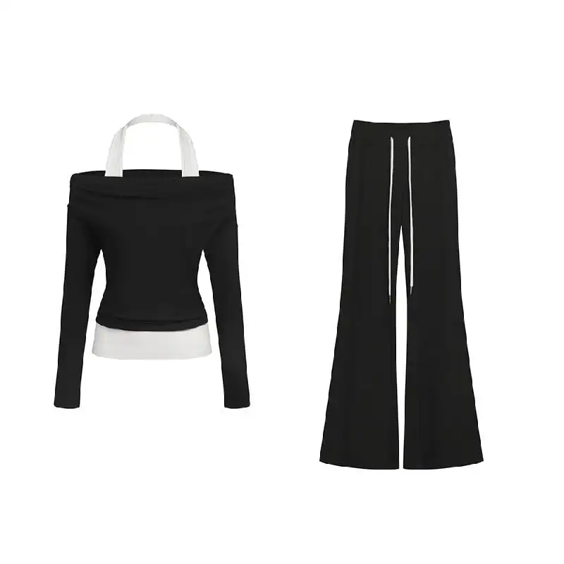 セットアップ トップス+カジュアルパンツ ロング丈 マイクロベルボトム ブラック