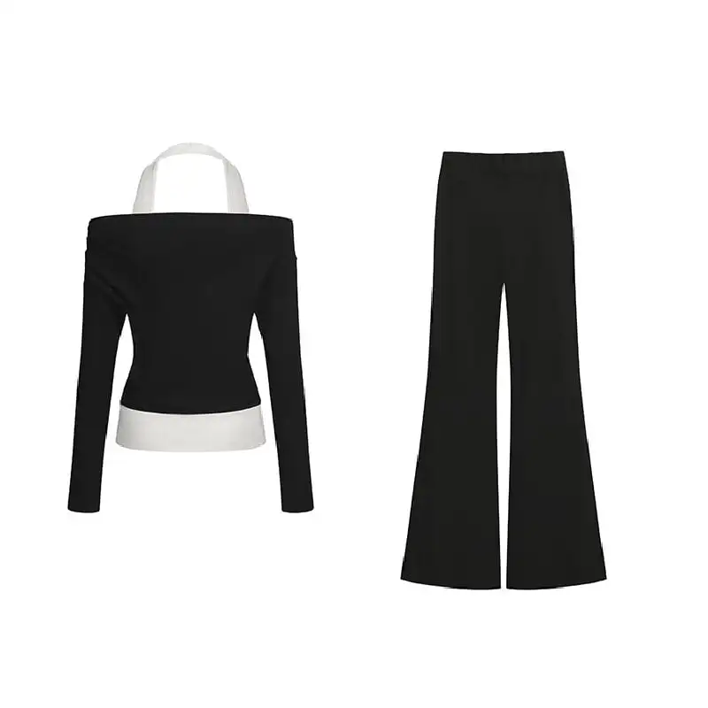 セットアップ トップス+カジュアルパンツ ロング丈 マイクロベルボトム ブラック