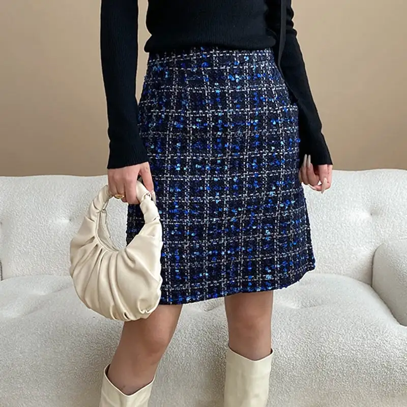 ボトムス スカート ツイード チェック柄 視線集中 ブルー