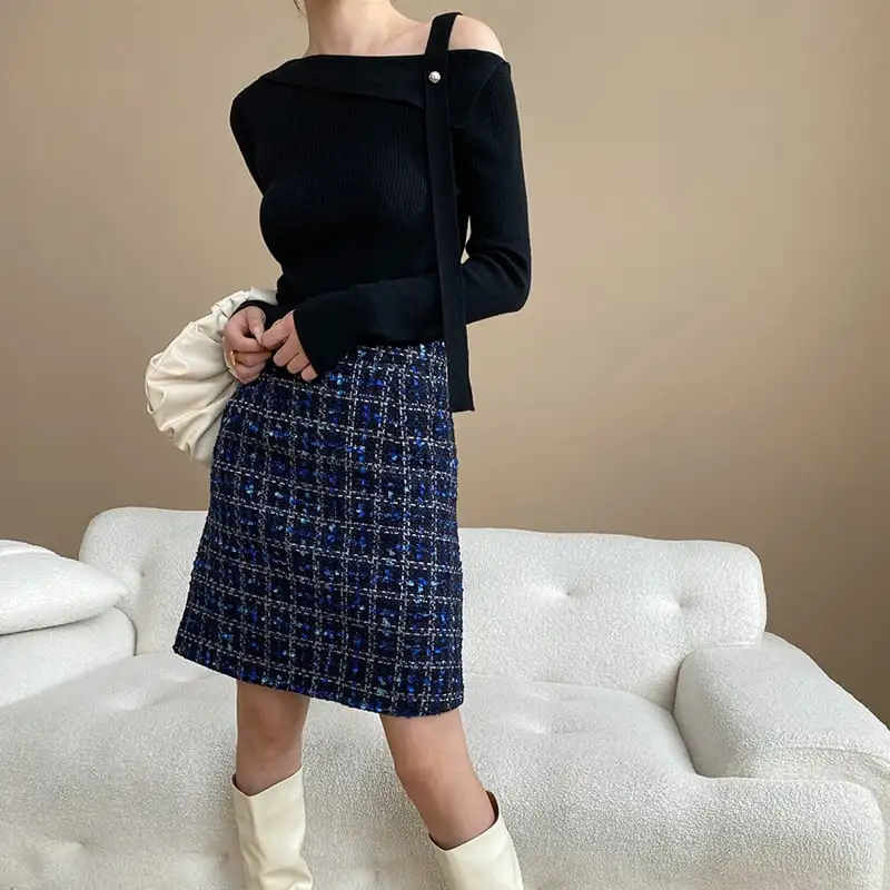 ボトムス スカート ツイード チェック柄 視線集中 ブルー