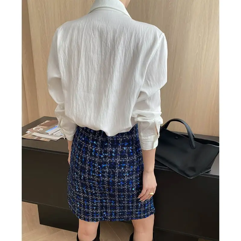 ボトムス スカート ツイード チェック柄 視線集中 ブルー