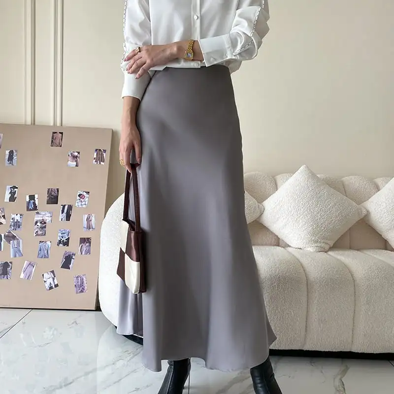 ボトムス スカート 2色展開 サテン 落ち感 ブラック グレー