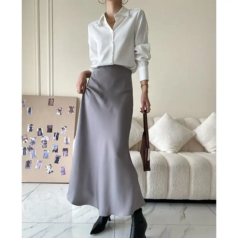 ボトムス スカート 2色展開 サテン 落ち感 ブラック グレー