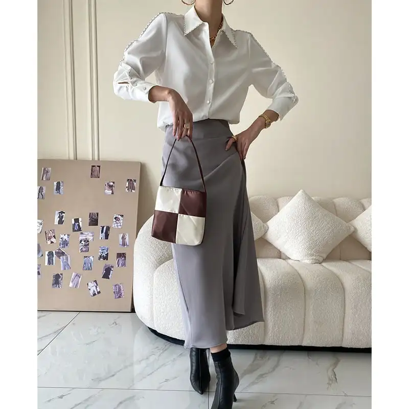 ボトムス スカート 2色展開 サテン 落ち感 ブラック グレー