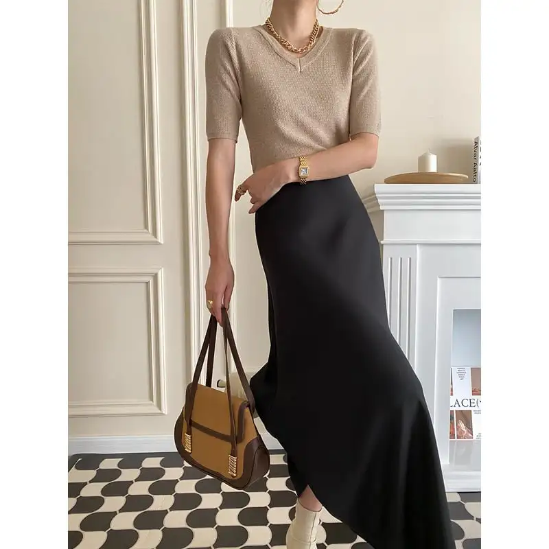 ボトムス スカート 2色展開 サテン 落ち感 ブラック グレー