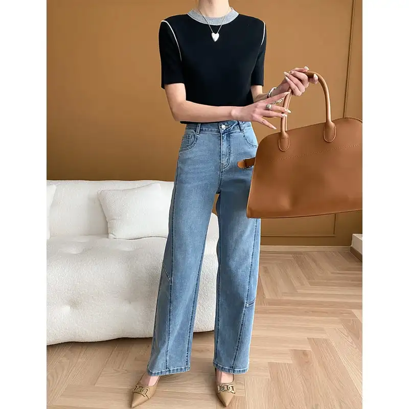 ボトムス デニムパンツ ジーンズ ハイウエスト ワイド ライトブルー