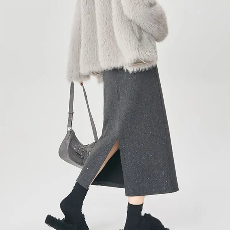 ボトムス スカート 2色展開 スパンコール バックスリット グレー ブラック