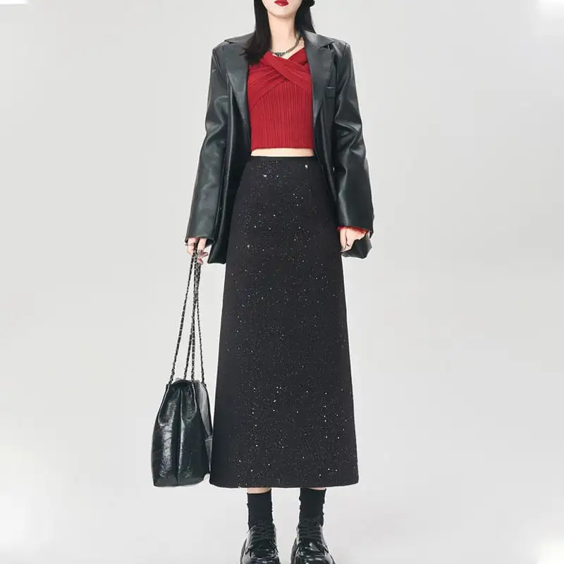 ボトムス スカート 2色展開 スパンコール バックスリット グレー ブラック