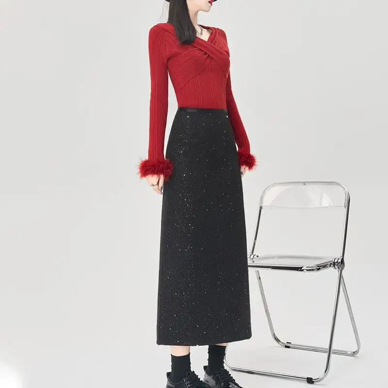 ボトムス スカート 2色展開 スパンコール バックスリット グレー ブラック