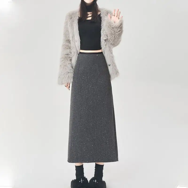 ボトムス スカート 2色展開 スパンコール バックスリット グレー ブラック
