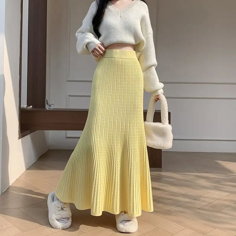 ボトムス スカート ニット ロング丈 フィッシュテール イエロー ベージュ ブラック