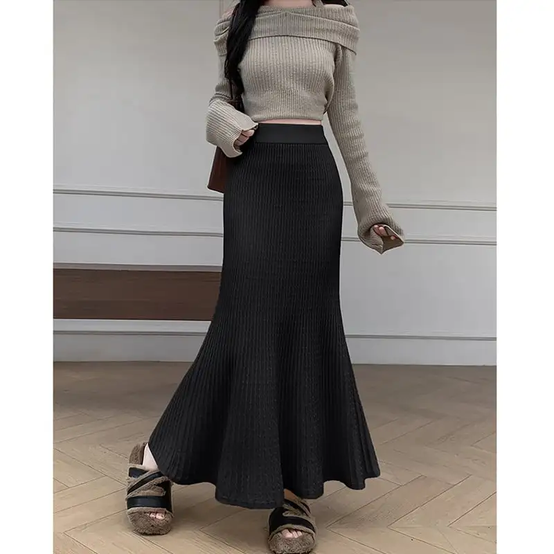 ボトムス スカート ニット ロング丈 フィッシュテール イエロー ベージュ ブラック