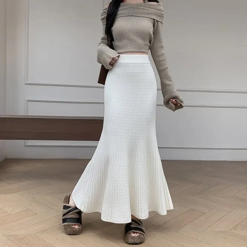 ボトムス スカート ニット ロング丈 フィッシュテール イエロー ベージュ ブラック