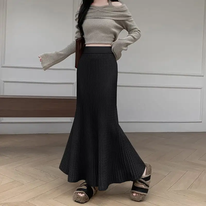 ボトムス スカート ニット ロング丈 フィッシュテール イエロー ベージュ ブラック