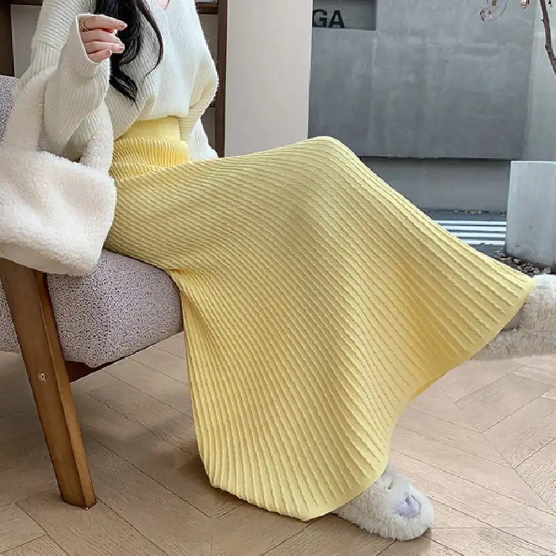 ボトムス スカート ニット ロング丈 フィッシュテール イエロー ベージュ ブラック