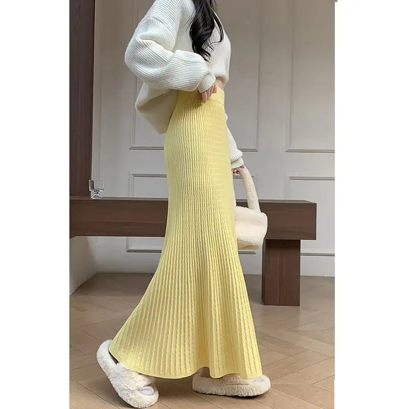 ボトムス スカート ニット ロング丈 フィッシュテール イエロー ベージュ ブラック