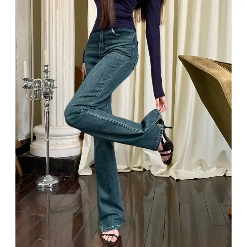 ボトムス 開きデニムパンツ ハイウエスト フレア ブルー