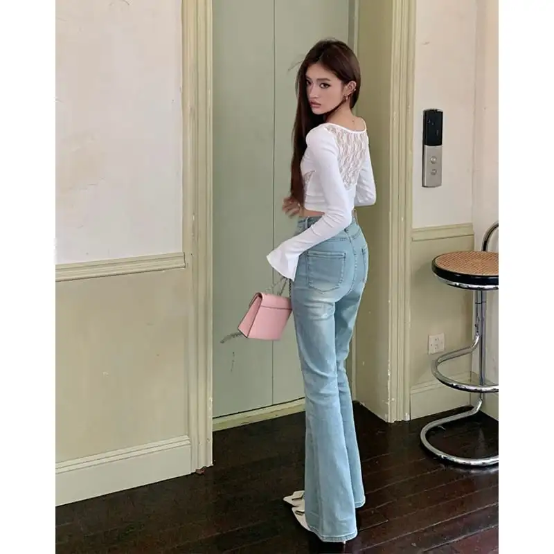 ボトムス デニムパンツ レトロ フレア ライトブルー