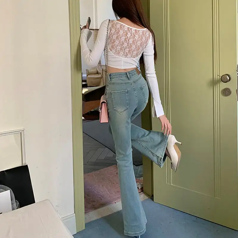 ボトムス デニムパンツ レトロ フレア ライトブルー