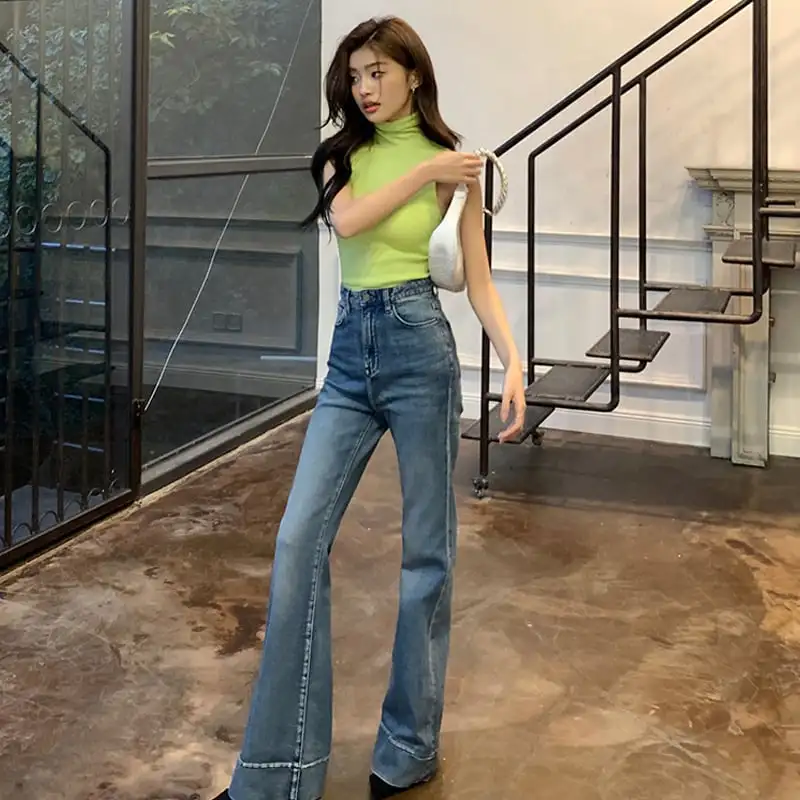 ボトムス デニムパンツ 縦長効果 ワイドレッグパンツ ブルー S M L XL