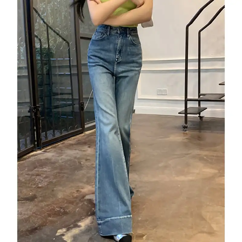 ボトムス デニムパンツ 縦長効果 ワイドレッグパンツ ブルー S M L XL