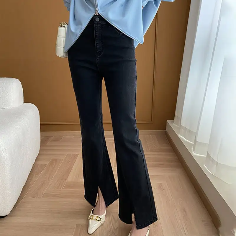 ボトムス デニムパンツ ハイウエスト 前スリット ブラック