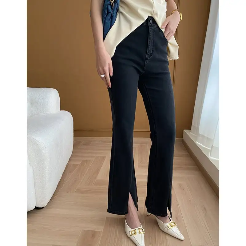 ボトムス デニムパンツ ハイウエスト 前スリット ブラック