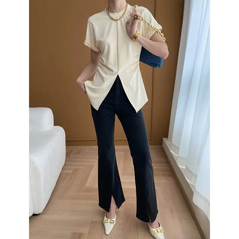 ボトムス デニムパンツ ハイウエスト 前スリット ブラック