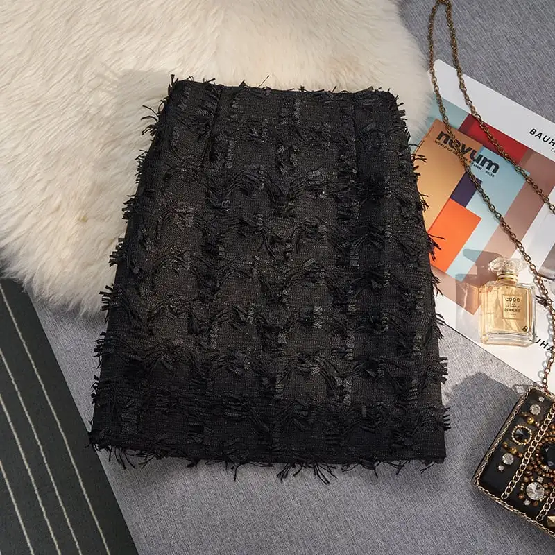 ボトムス スカート 3色展開 ミニスカート ハイウエスト タッセル ブラック ベージュ ピンク