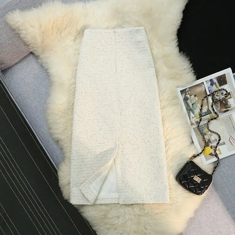 ボトムス スカート 2色展開 スパンコール バックスリット ツイード ホワイト ブラック