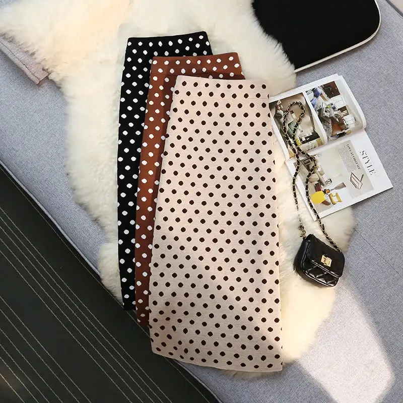 ボトムス スカート 3色展開 ニット ドット柄 スリット ブラック ダークベージュ コーヒー色