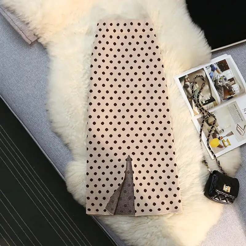 ボトムス スカート 3色展開 ニット ドット柄 スリット ブラック ダークベージュ コーヒー色