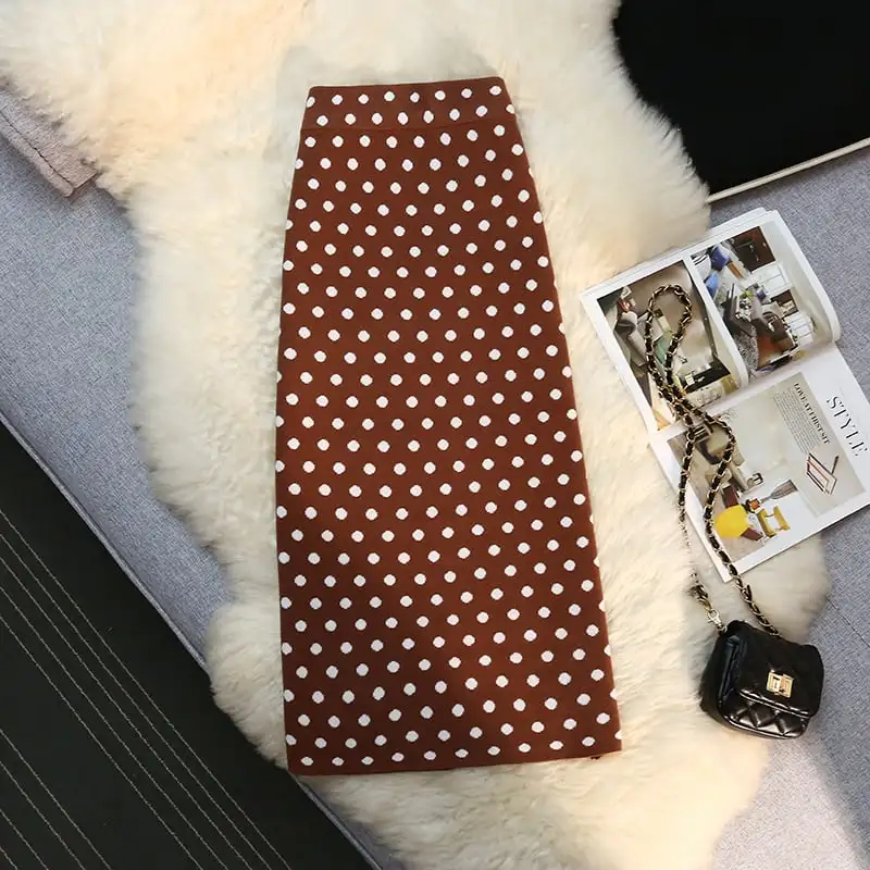 ボトムス スカート 3色展開 ニット ドット柄 スリット ブラック ダークベージュ コーヒー色