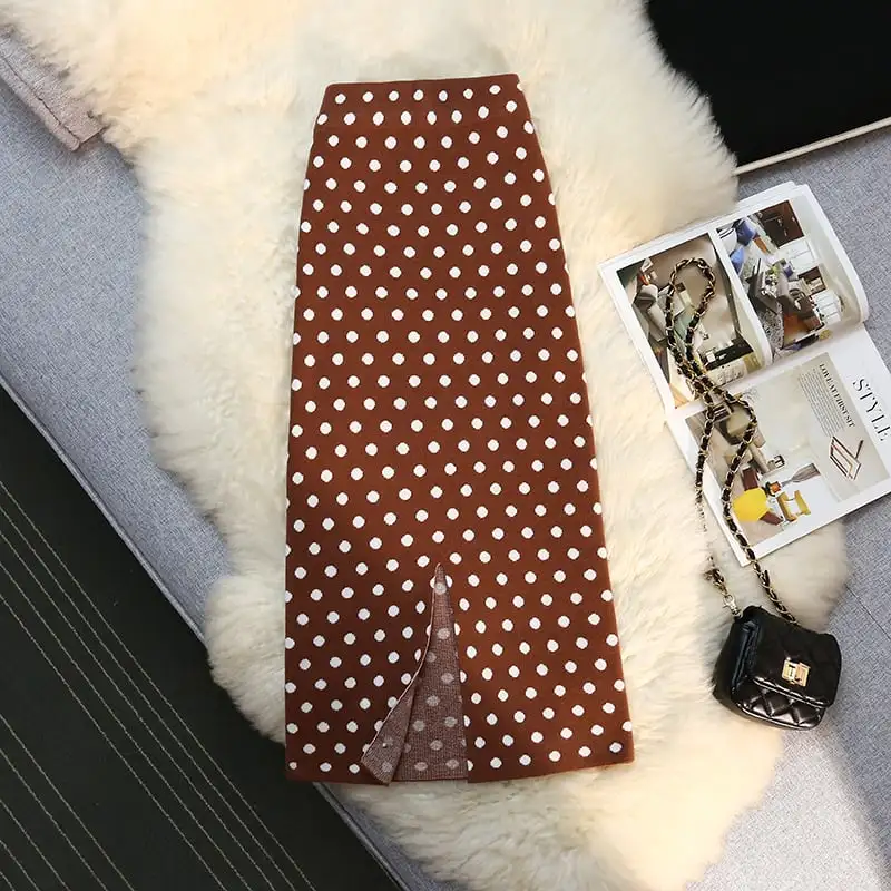 ボトムス スカート 3色展開 ニット ドット柄 スリット ブラック ダークベージュ コーヒー色