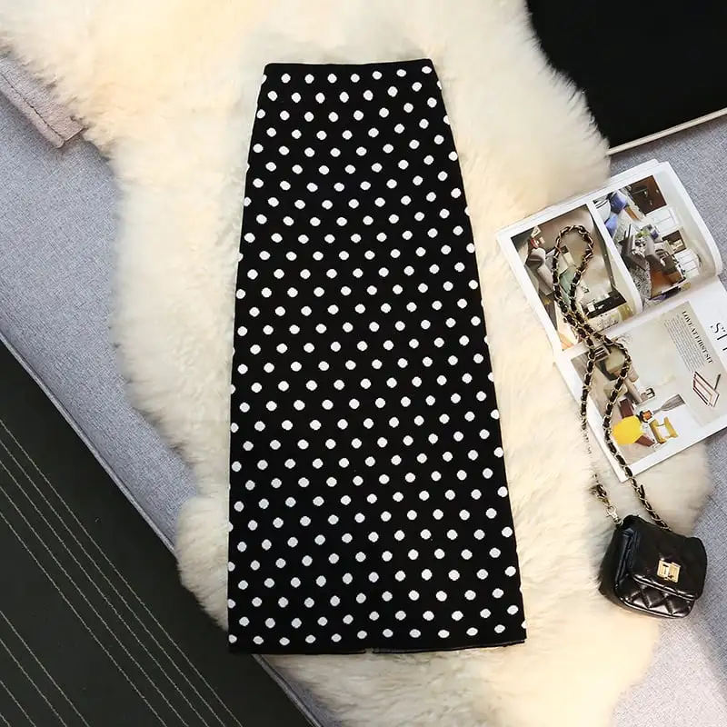 ボトムス スカート 3色展開 ニット ドット柄 スリット ブラック ダークベージュ コーヒー色