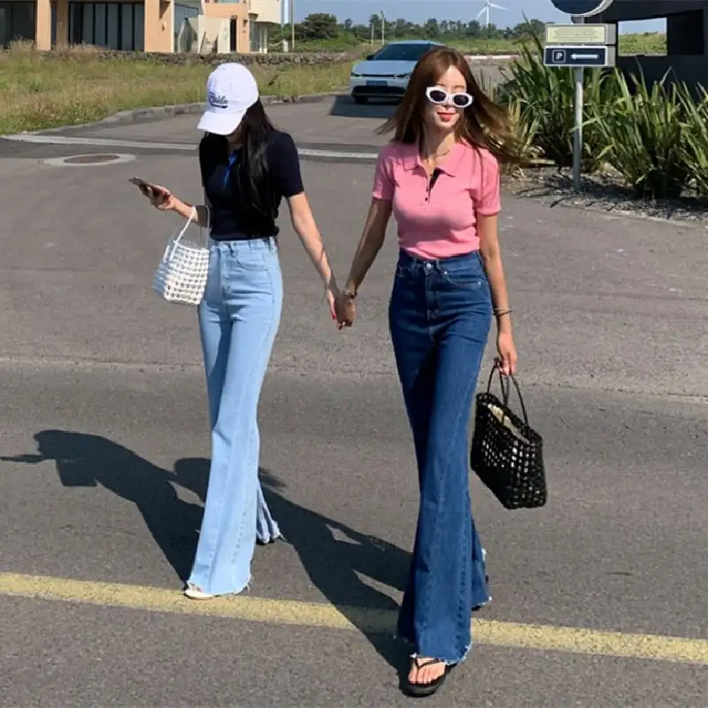 ボトムス デニムパンツ 2色展開 ベルボトム ハイウエスト ダークブルー ライトブルー