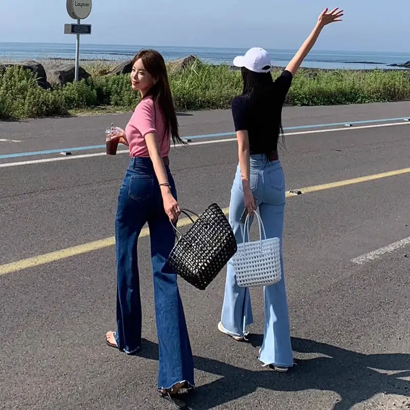 ボトムス デニムパンツ 2色展開 ベルボトム ハイウエスト ダークブルー ライトブルー