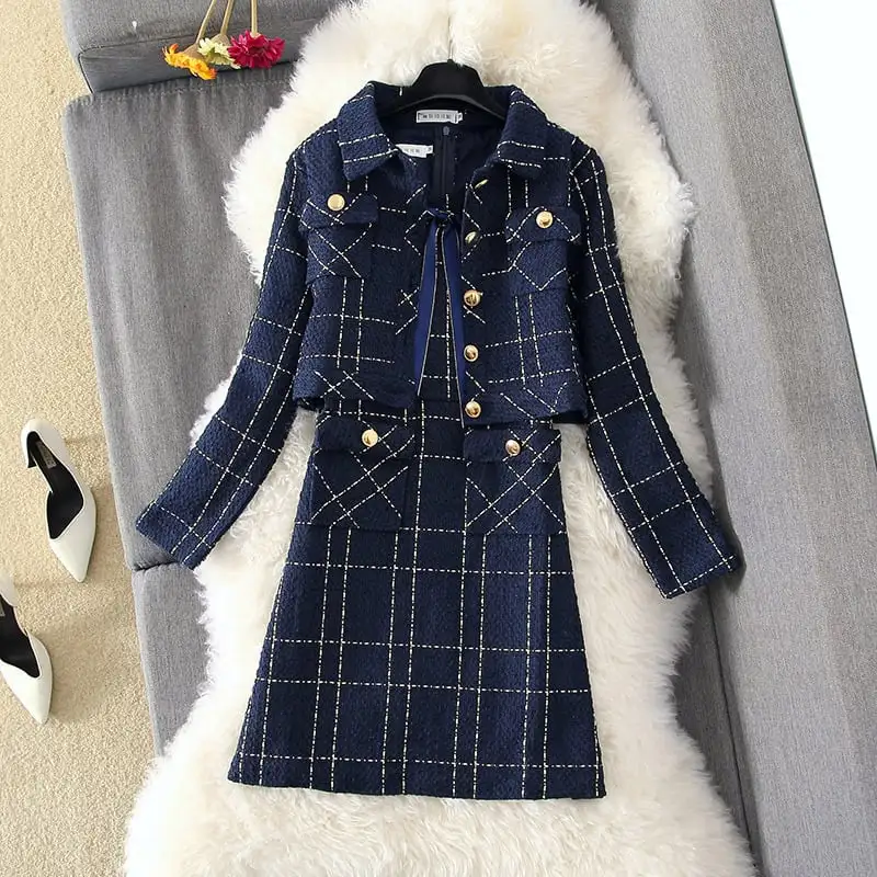 セットアップ 気質満点 通勤 ジャケット+ワンピース ゆったり ツイード チェック柄 ダークブルー