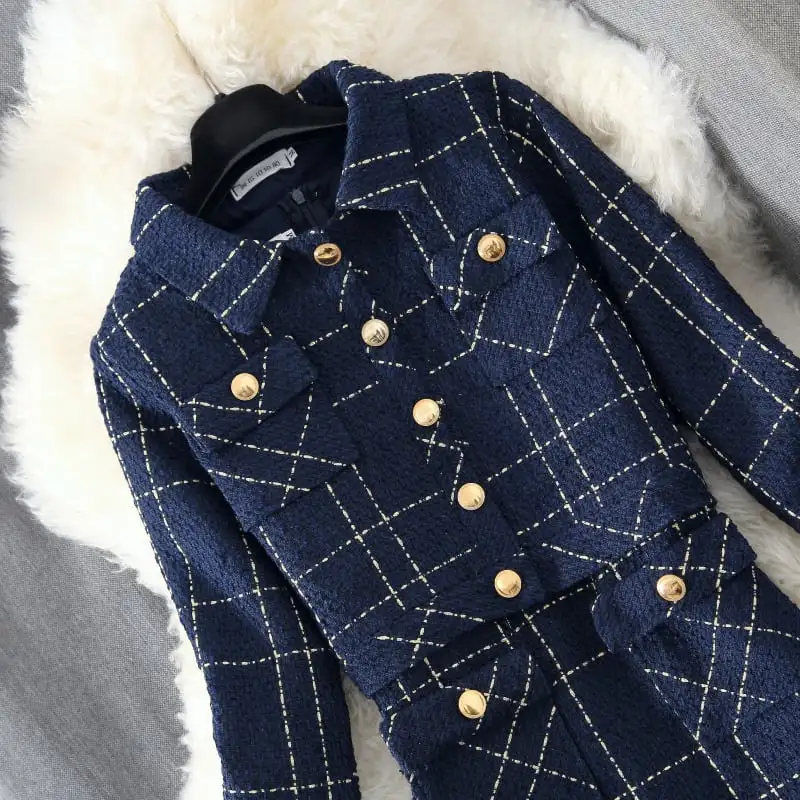 セットアップ 気質満点 通勤 ジャケット+ワンピース ゆったり ツイード チェック柄 ダークブルー