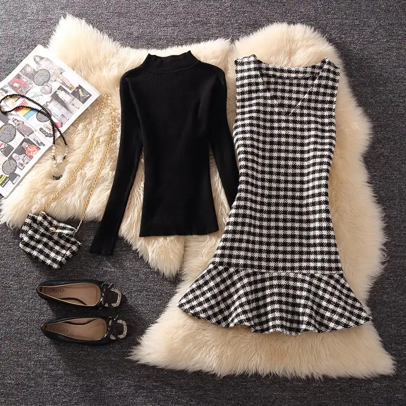 セットアップ トップス+ワンピース 2点セット ニット 千鳥格子 ブラック ブラウン