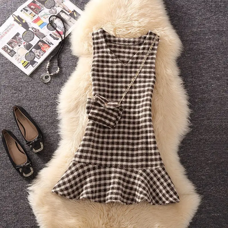 セットアップ トップス+ワンピース 2点セット ニット 千鳥格子 ブラック ブラウン