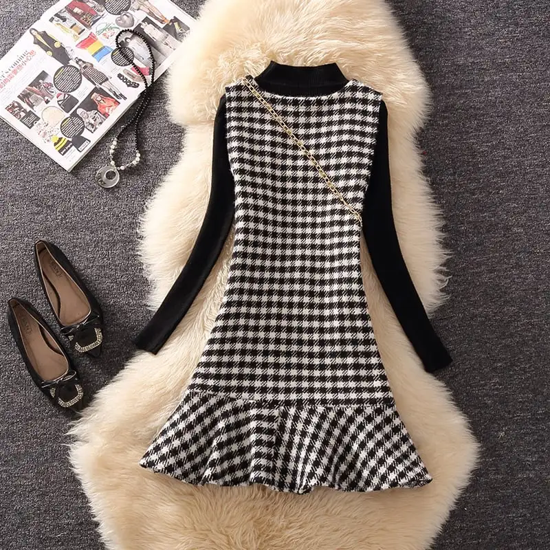 セットアップ トップス+ワンピース 2点セット ニット 千鳥格子 ブラック ブラウン