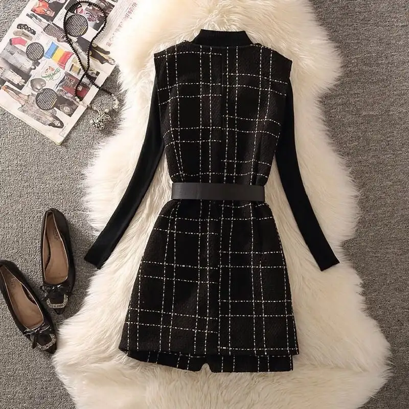 セットアップ トップス+ベストワンピース ニット パールボタン チェック柄 ブラック