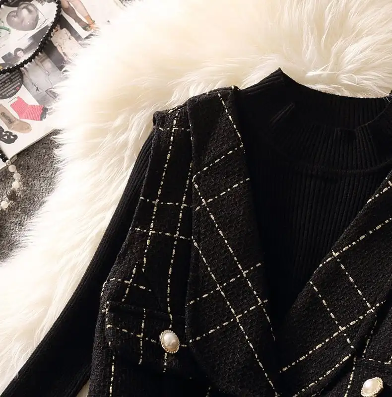 セットアップ トップス+ベストワンピース ニット パールボタン チェック柄 ブラック